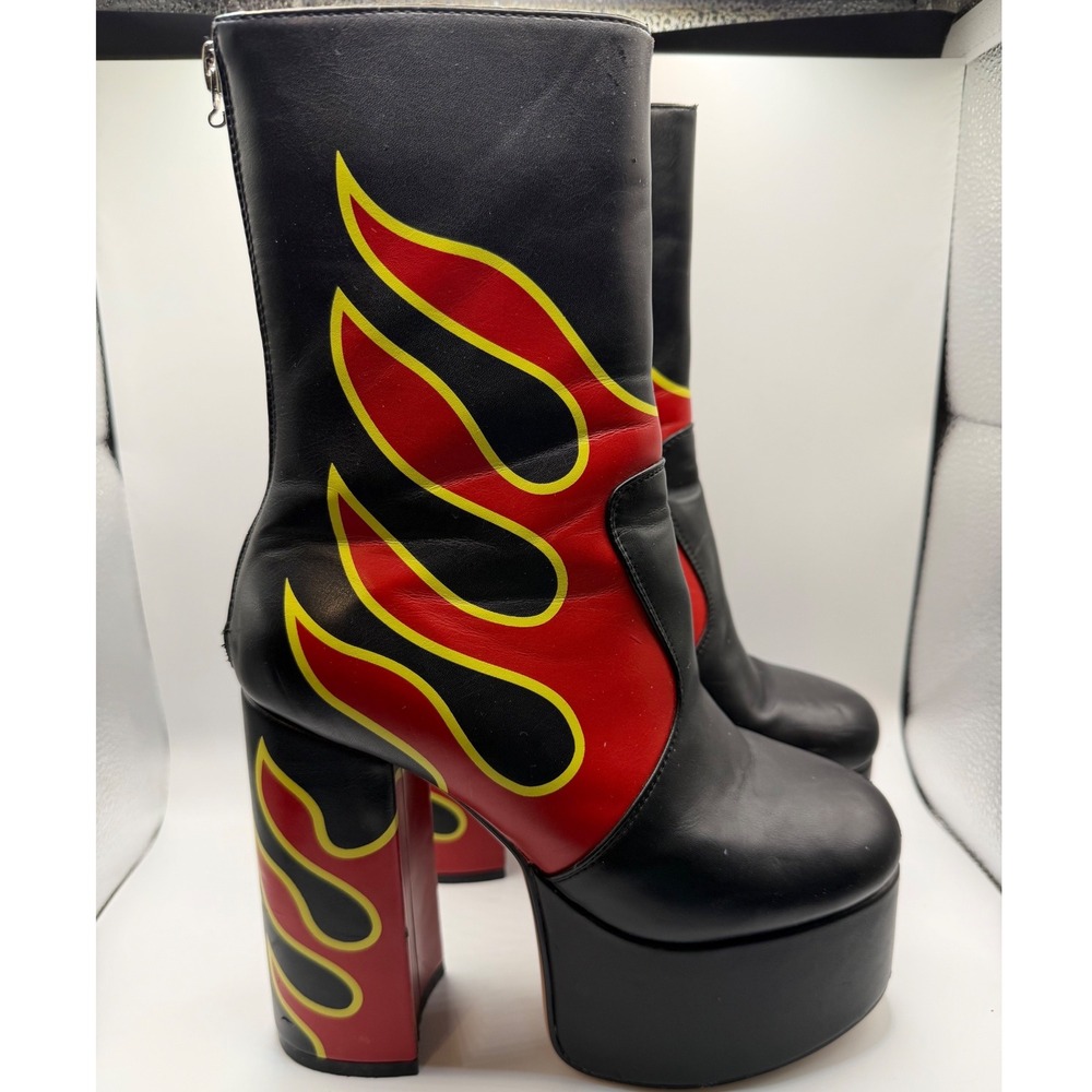 Lamoda Flame Platform Boots Womens Black Red Good Chunky Heel Goth Punk